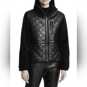 Lamarque Black Quilted Mixed-Media Puffer Jacket Size S